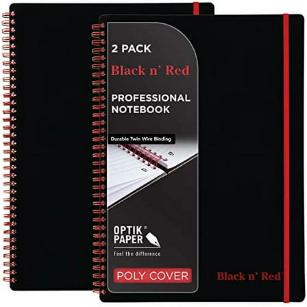 Black n' Red Notebooks, Twin Wire, Poly Cover, 11-3/4” x 8-1/4”, Large, 70 Ruled Sheets, 2-Pack (73399)
