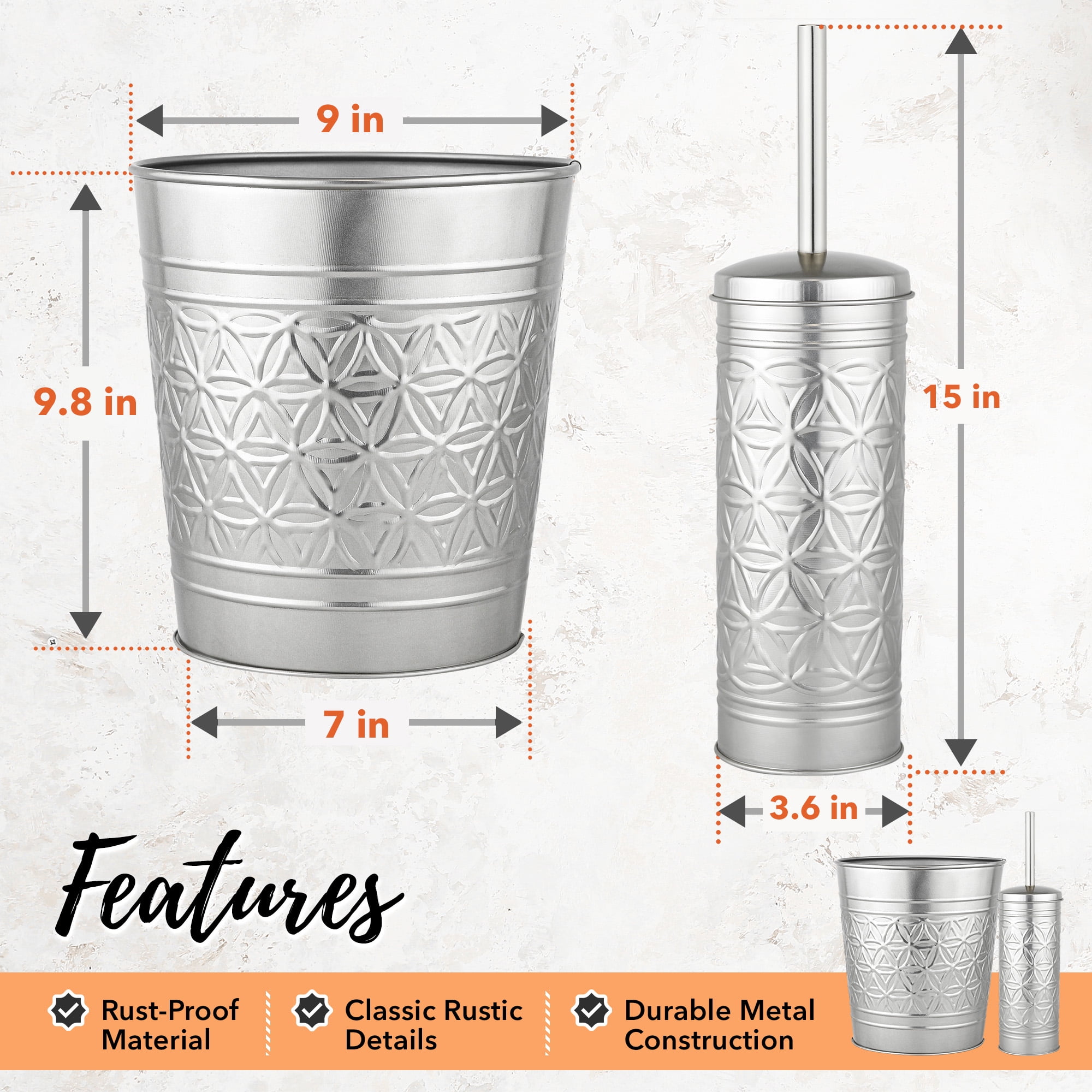 Autumn Alley Brushed Nickel Bathroom Trash Can and Toilet Bowl Brush with Holder - Silver Bathroom Garbage Can Set for Charming Bathroom Accessories Décor