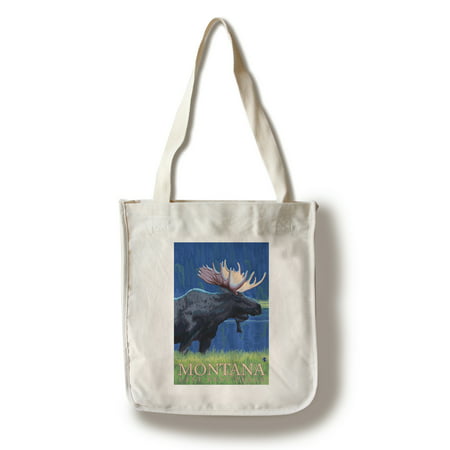 Montana, Last Best Place - Moose at Night - Lantern Press Artwork (100% Cotton Tote Bag - (Best Place To Shoot A Moose)