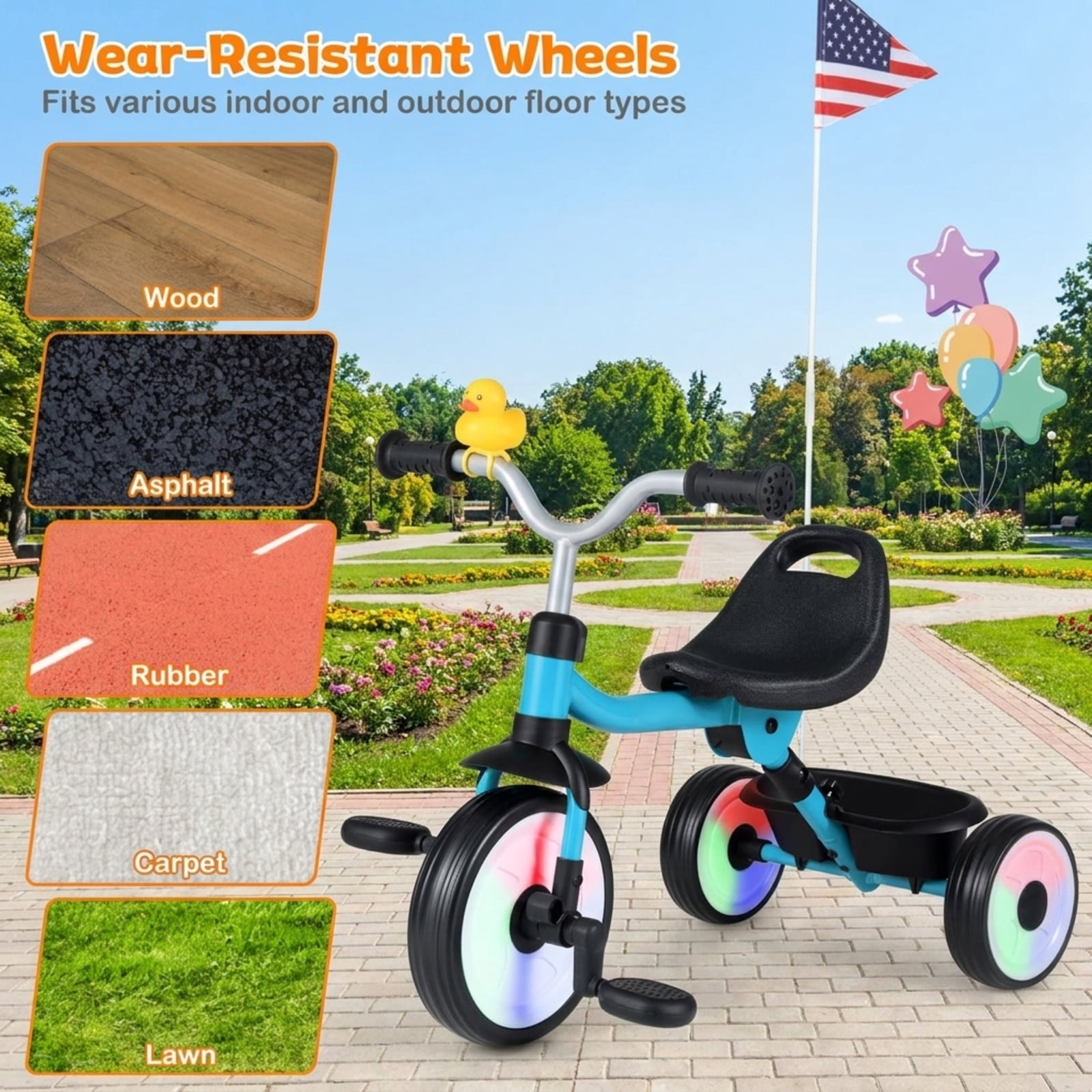 Redsmile Toddler Tricycle for 1-3 Years, Kids Trike with Light-Up Wheels, 3-Position Seat & Storage Basket, Foldable Push Walker Toy, Removable Pedals for Boys Girls, Christmas Gift, Blue