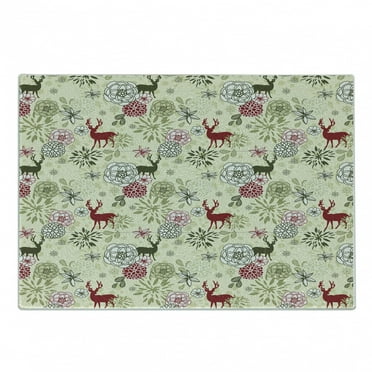 Winter Cutting Board, Deer Silhouettes with Blossoming Flowers Abstract Christmas Nature, Decorative Tempered Glass Cutting and Serving Board, Small Size, Olive Green Pale Green, by Ambesonne