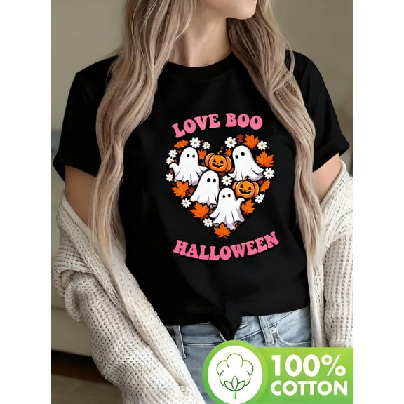 1pc Women's Halloween Costume - Cute & Pumpkin Print Short Sleeve T-Shirt with LOVE BOO HALLOWEEN Slogan, Pink & Black Heart Design, Loose Fit Party Outfit for Trick-or-Treat