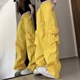thumbnail image 2 of gbyLJF Y2k Streetwear for Women Baggy Wide Leg Cargo Pants Lightweight Hiking Trousers Drawstring Cargo Pockets Pants Yellow M, 2 of 4
