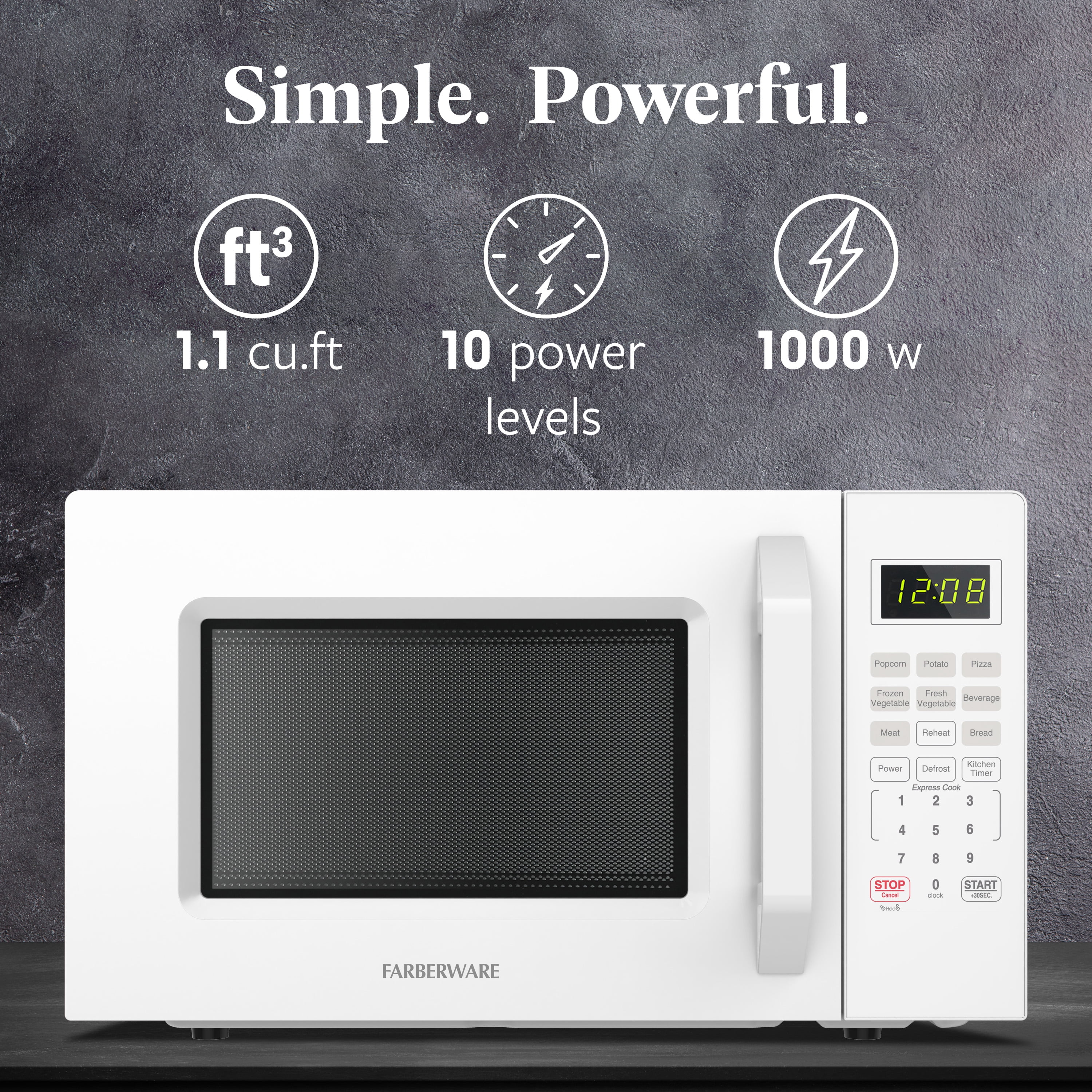 Farberware 1.1 cu ft Microwave Oven,1000W Countertop Microwave Oven with Auto Cook Menu, White