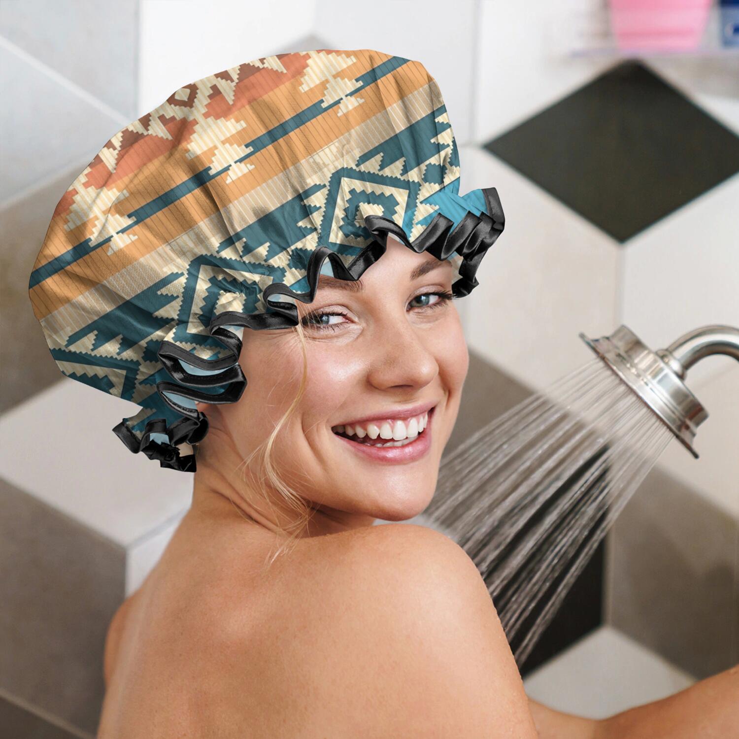 Shower Caps,Brown Ethnic Geometric Pattern Waterproof Shower Cap for Women 4 Pieces,Double Reusable Hair Cover for Shower PEVA Elastic Stretch Hem