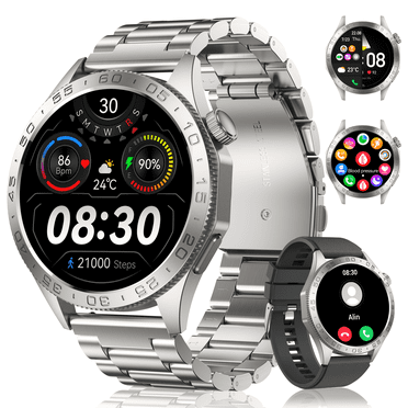 Smart Watch for Men(Answer/Dial Calls), 1.43'' AMOLED/100 Sports Modes, 5ATM Waterproof Fitness Watch with Fitness Tracking Fits for Android and iOS Smartwatch Silver Steel