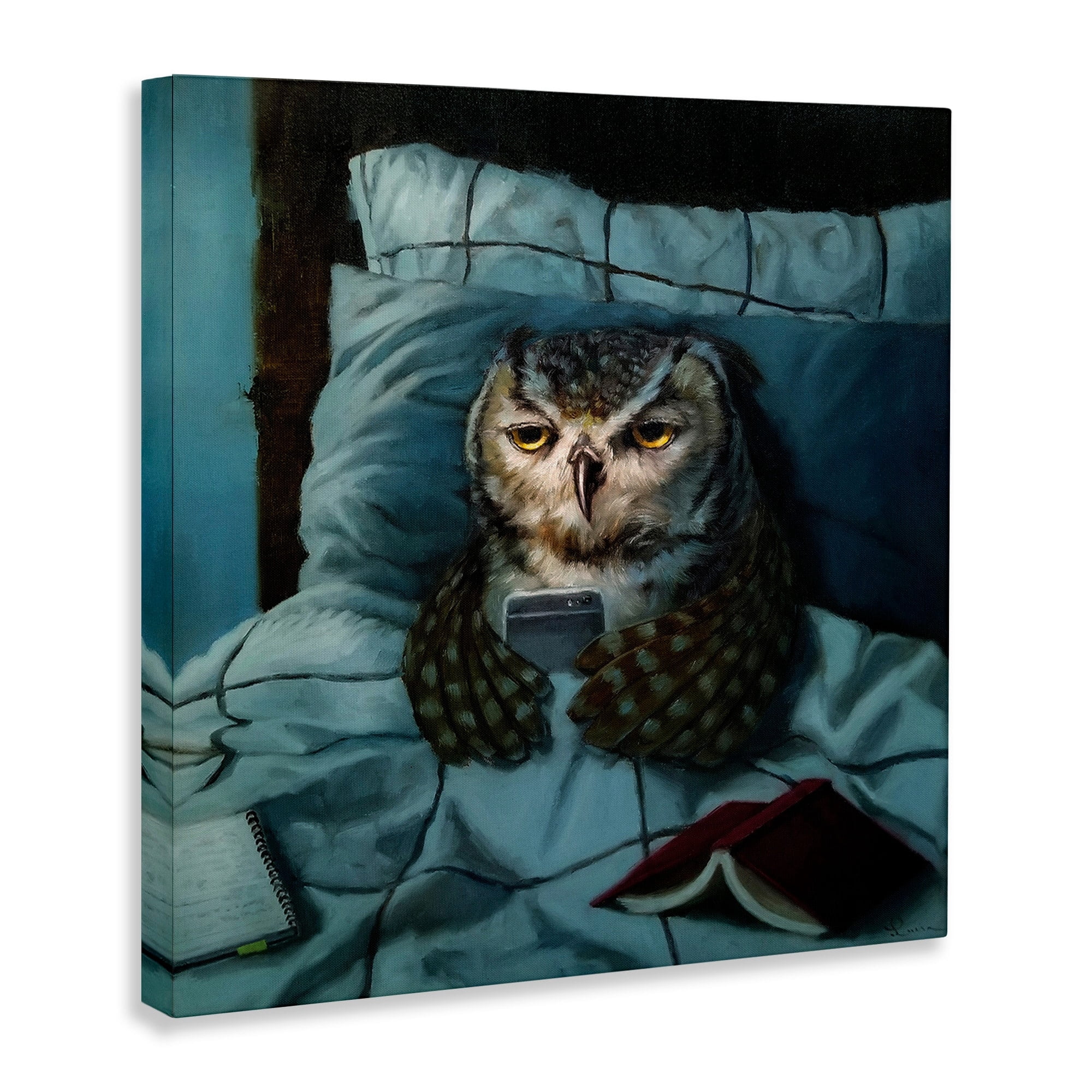 Stupell Industries Night Owl on Phone in Bed Funny Animal,24 x 24,Designed by Lucia Heffernan