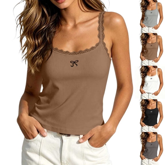 SwiftWear Women's Summer Bow Lace Trim Tank Top with Built-in Bra Spaghetti Strap Cute Cami Comfortable Stretchy Everyday Sleeveless Top