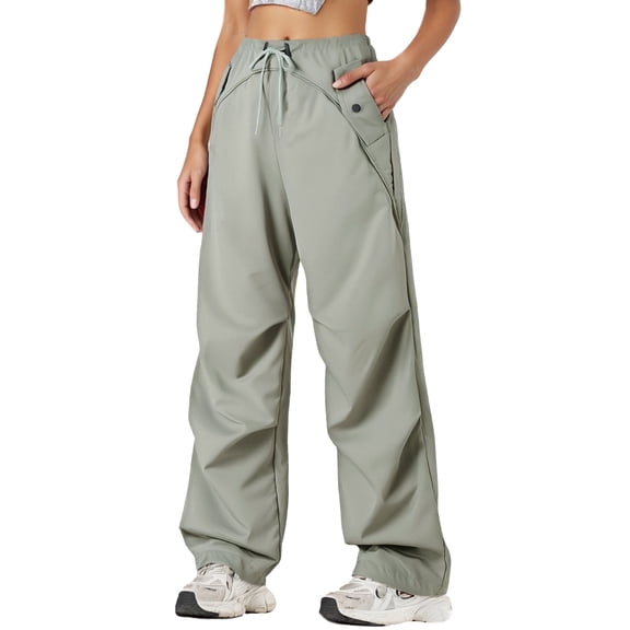 FEOYA Parachute Pants for Women Elastic Waist Ladies Cargo Baggy Trouser Loose Y2K Streetwear Casual Outdoor Hiking Harajuku Pants M
