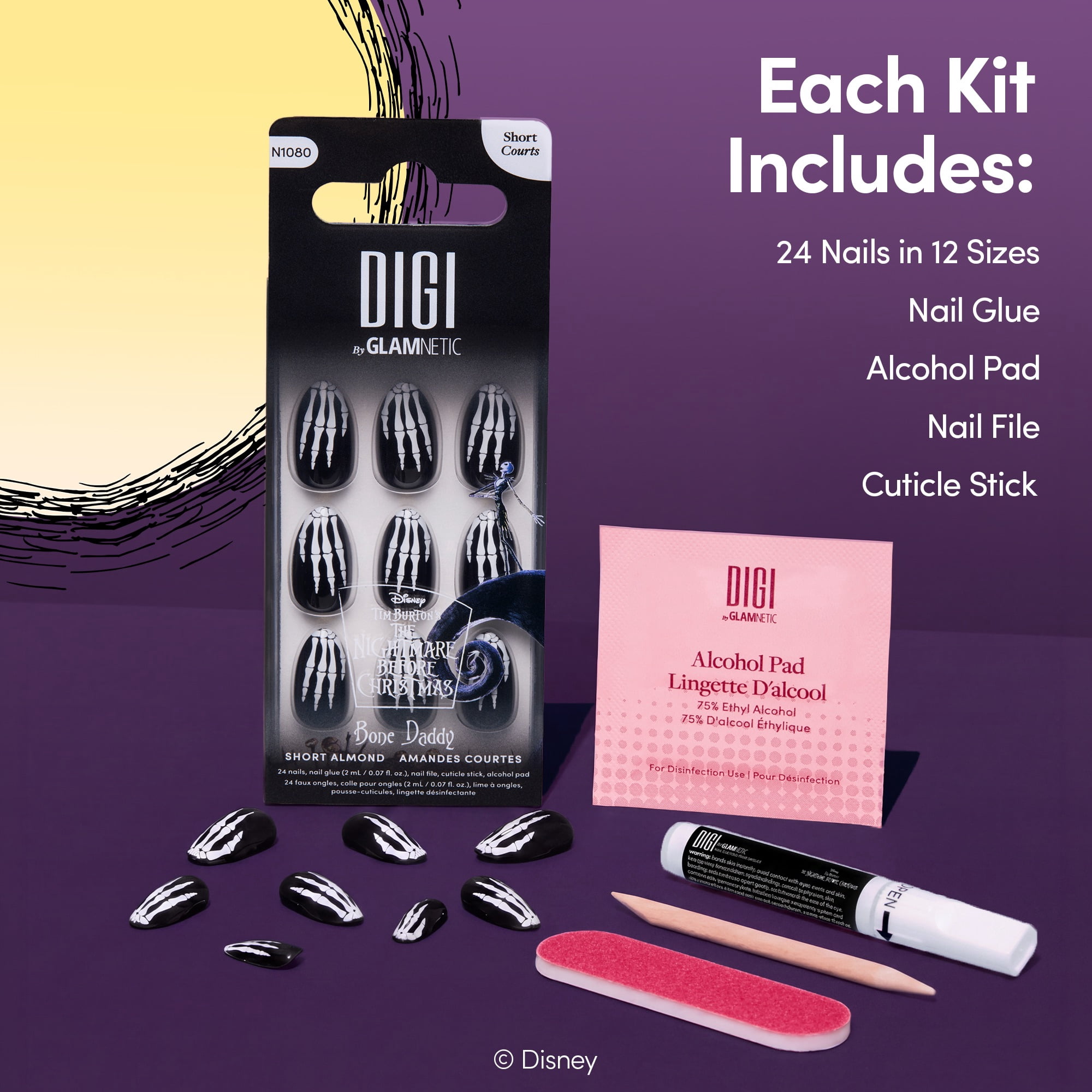 DIGI by Glamnetic x Nightmare Before Christmas Short Almond Press-on Nails, Bone Daddy, 24 Pieces