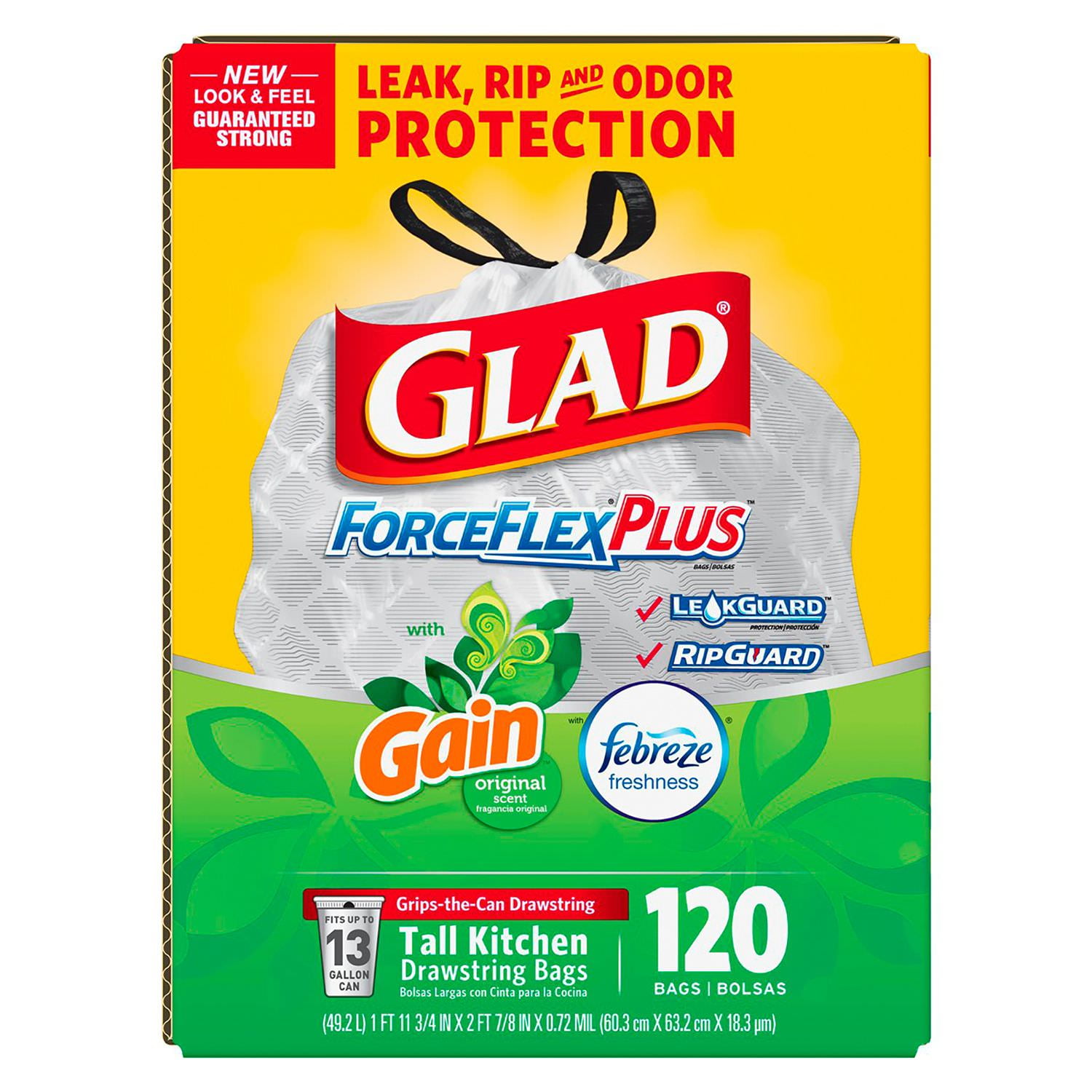 Glad ForceFlexPlus Tall Kitchen Drawstring Trash Bags, Febreze with