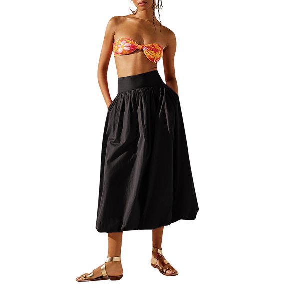 Gupgi Women Bubble Skirts Loose Long Skirt Casual Elastic Waist Solid Color Puffball Skirt for Summer