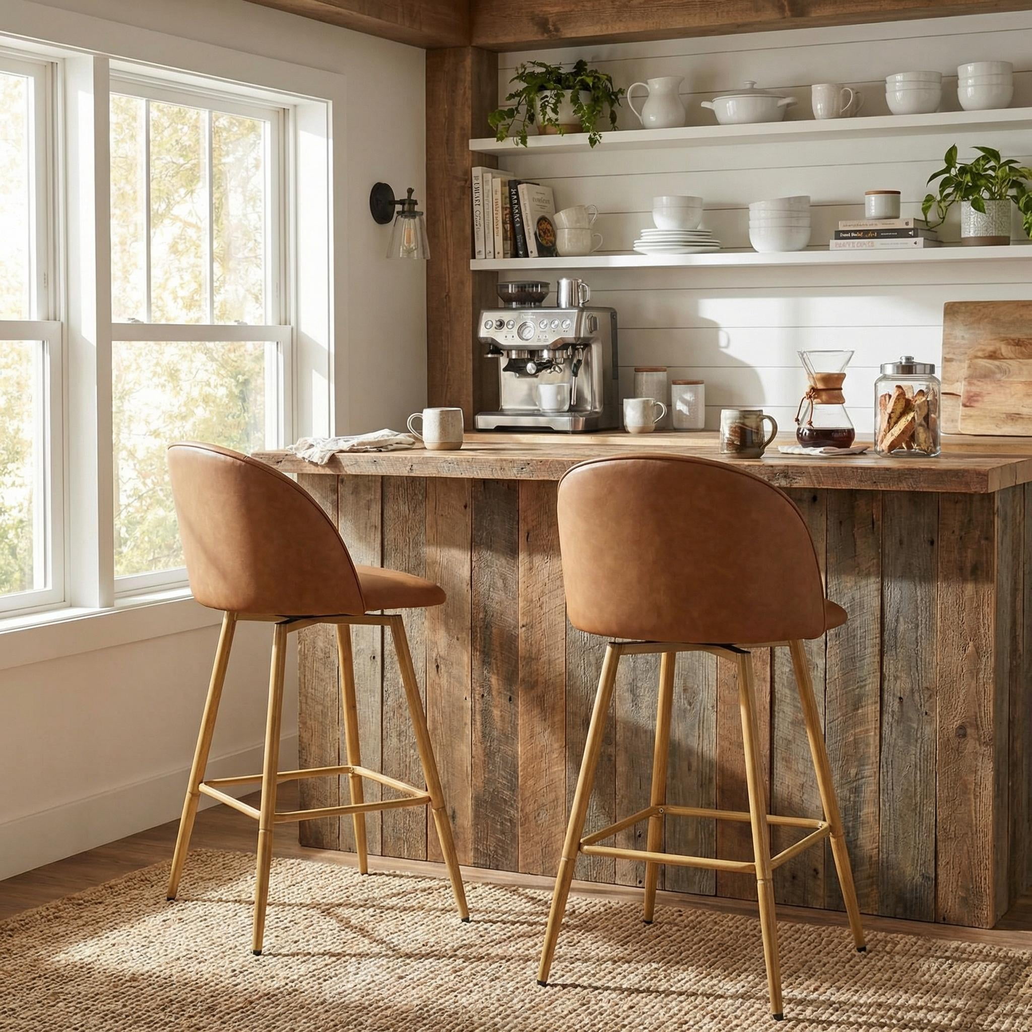 Homy Casa 26" Swivel Counter Height Bar Stools, Set of 2, Kitchen Island Chairs, Cognac Brown
