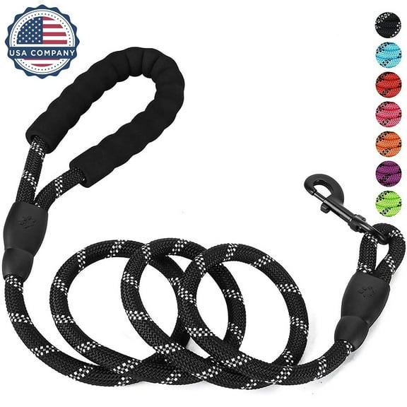 5ft 1/2in Strong BLACK Dog Leash for Large Dogs & Medium Size Dogs - Highly Reflective Heavy Duty Dog Rope Leash with Soft Padded Anti-Slip Handle- for 18-120 lbs Dogs