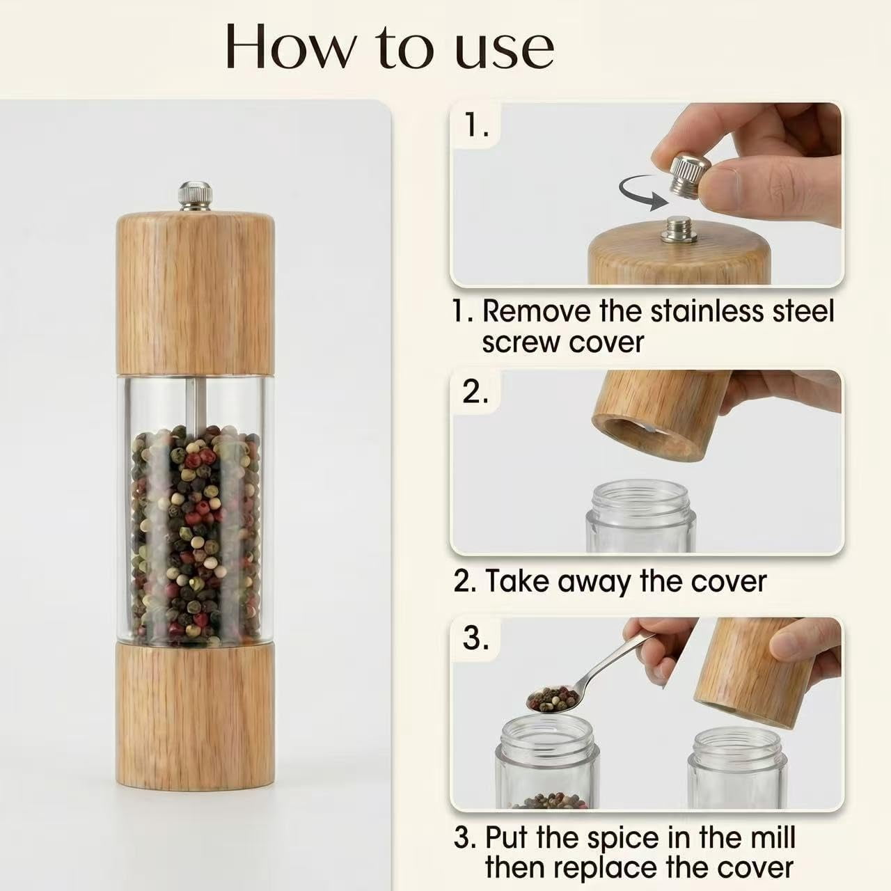 Salt and Pepper Grinder Set, Spice Grinder, Salt Grinder Refillable - 8 Inches, Pack of 2
