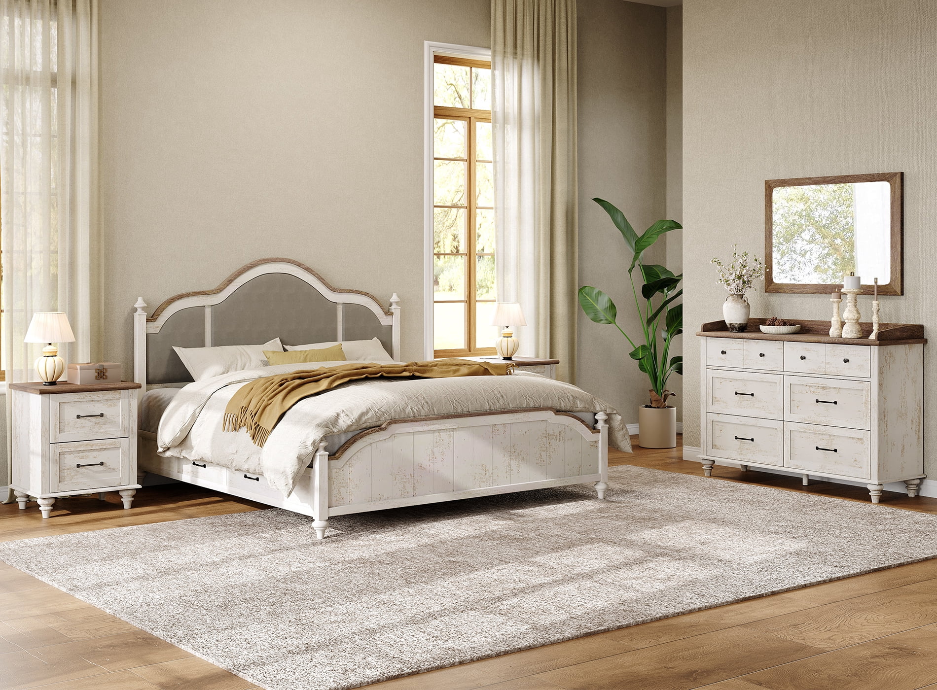 3 Piece Dresser and Nightstand Sets, Farmhouse Dresser with 6 Drawers, Set of 2 Night Stands with Charging Staion, 3 Piece Bedroom Set, Antique White