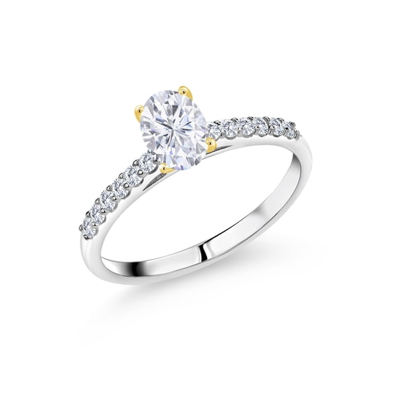 Gem Stone King 925 Silver and 10K Yellow Gold White Moissanite and White Lab Grown Diamond Engagement Ring for Women | 1.08 Cttw | Oval 7X5MM | Gemstone Birthstone | Size 8