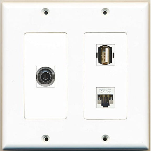 RiteAV - 1 Port USB A-A 1 Port 3.5mm 1 Port Cat5e Ethernet White - 2 Gang Wall Plate