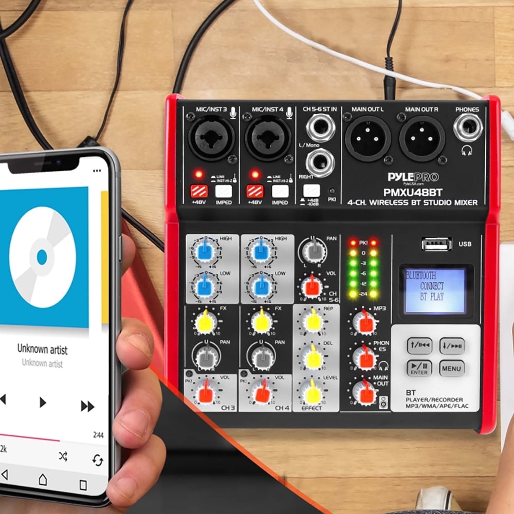 PYLE PMXU48BT - 4-Ch. Bluetooth Studio Mixer - Pro Audio Digital DJ Audio Mixer Console (+48V Phantom Power)