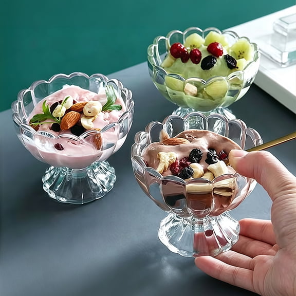 Hugtrea Glass Dessert Bowl, Footed Ice Cream Cup, Small Vintage Glass Parfait Cup for Sundae, Fruit, Pudding, Condiment, Snacks, Dessert Serving