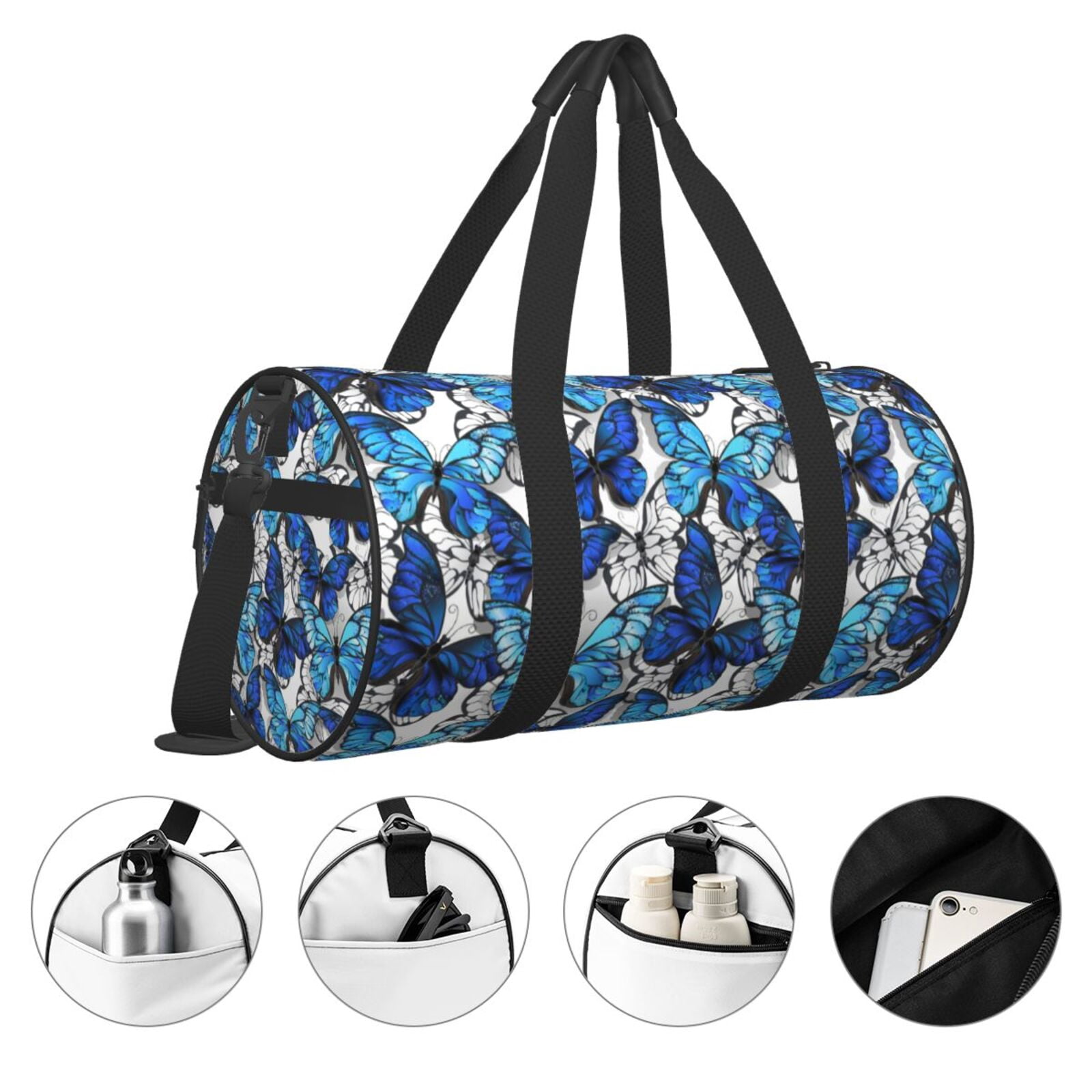 Horeoi Blue and White Butterflies Print Foldable Travel Duffle Bag with Removable Strap - Water-Resistant Gym Vacation Luggage Multi-Pocket Design