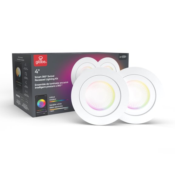 Globe Electric Smart 4" Swivel LED Multicolor Recessed Lighting 2-Pack, Voice Activated, 9W, 50467
