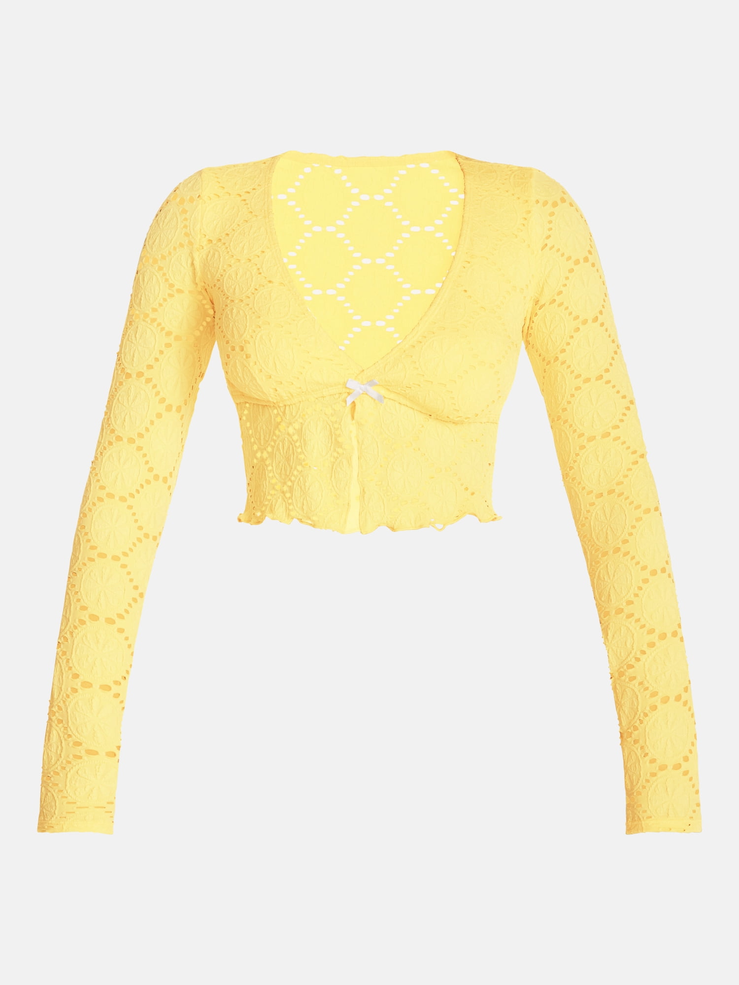 No Boundaries Lemon Eyelet Open Front Swim Rash Guard with Long Sleeves, Women's XXS-XXL