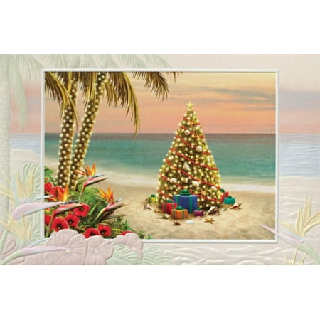 Pack of 16 Tree on Beach Fine Art Embossed Deluxe Christmas Greeting Cards