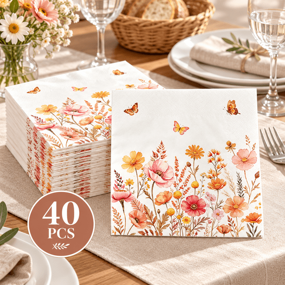 Clearance ! 40 Pack Fall Floral Print Disposable Paper Napkins, 2-Ply Absorbent Dinner Luncheon Napkins for Thanksgiving Autumn Party Table Settings, Home Kitchen Garden Picnic, 16.5 x 16.5cm