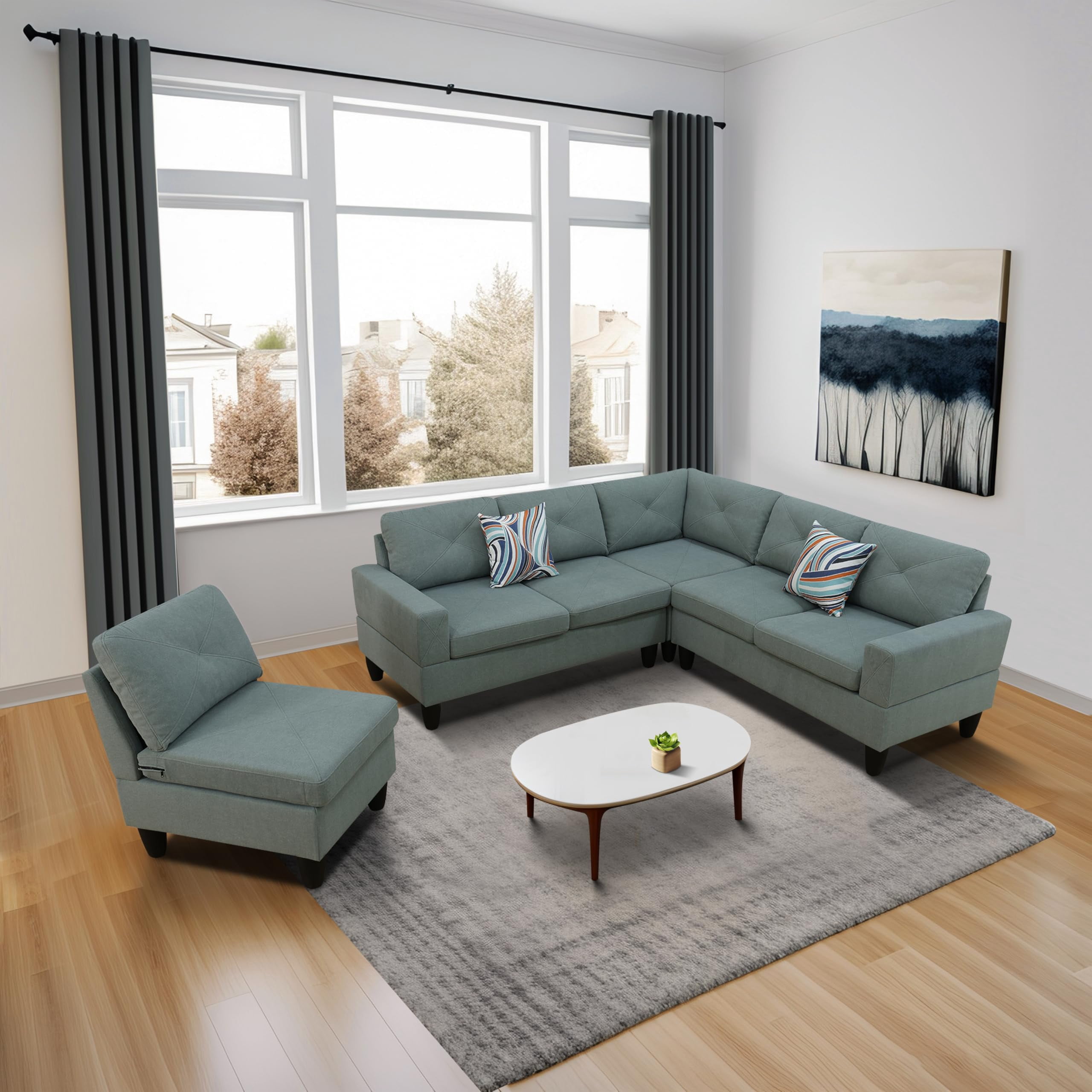 4-Piece Couch Living Room Sofa Set, 6 Seater Modular Sectional Couch L Shaped Corner Sofa, Dendrobium Green
