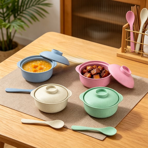 Ohmyroo Microwave Soup Bowl with Lid and Spoon 4 Colors Wheat Straw Plastic Double Handle Oatmeal Cereal Rice Basin s Safe Kitchen Tableware