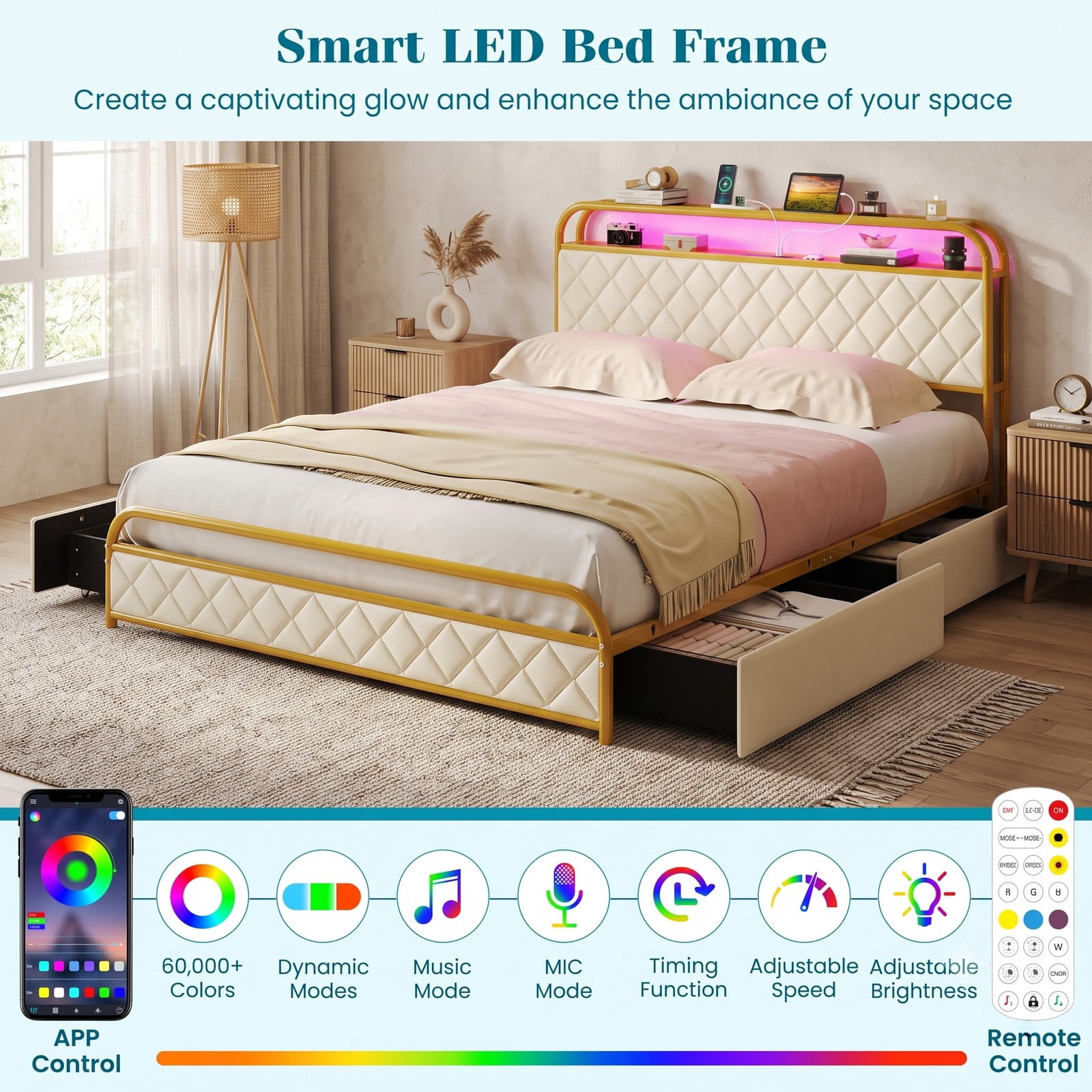 Furnibear Queen Size Bed Frame with LED Lights Charging Station 4 Drawers and Upholstered Headboard, Queen Platform Bed Frame for Bedroom, Gold