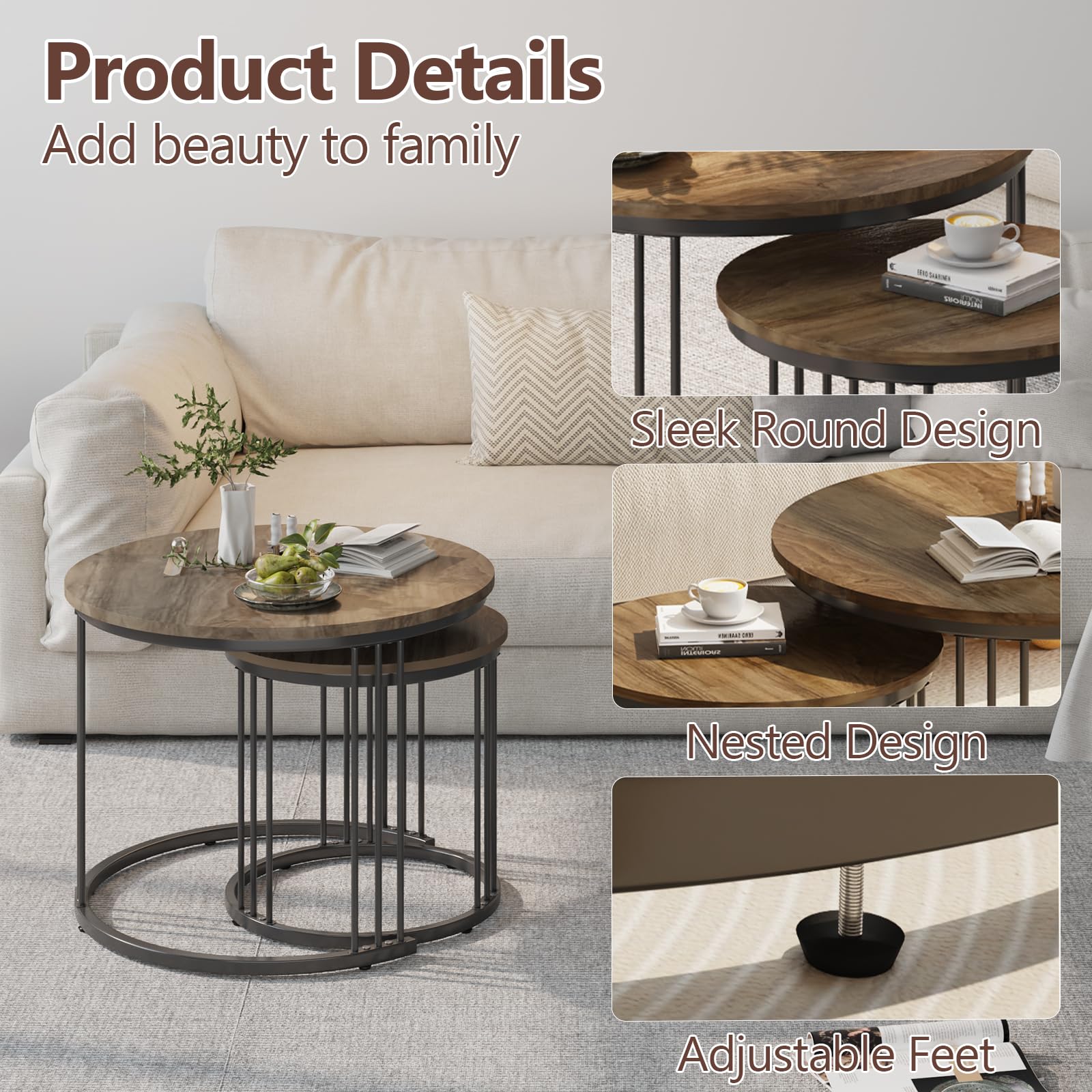 Nesting Coffee Table, 23.6" Round Coffee Table Set of 2, Wooden Nesting Table with Metal Frame, Ceter Tables for Living Room Bedroom Balcony, Brown