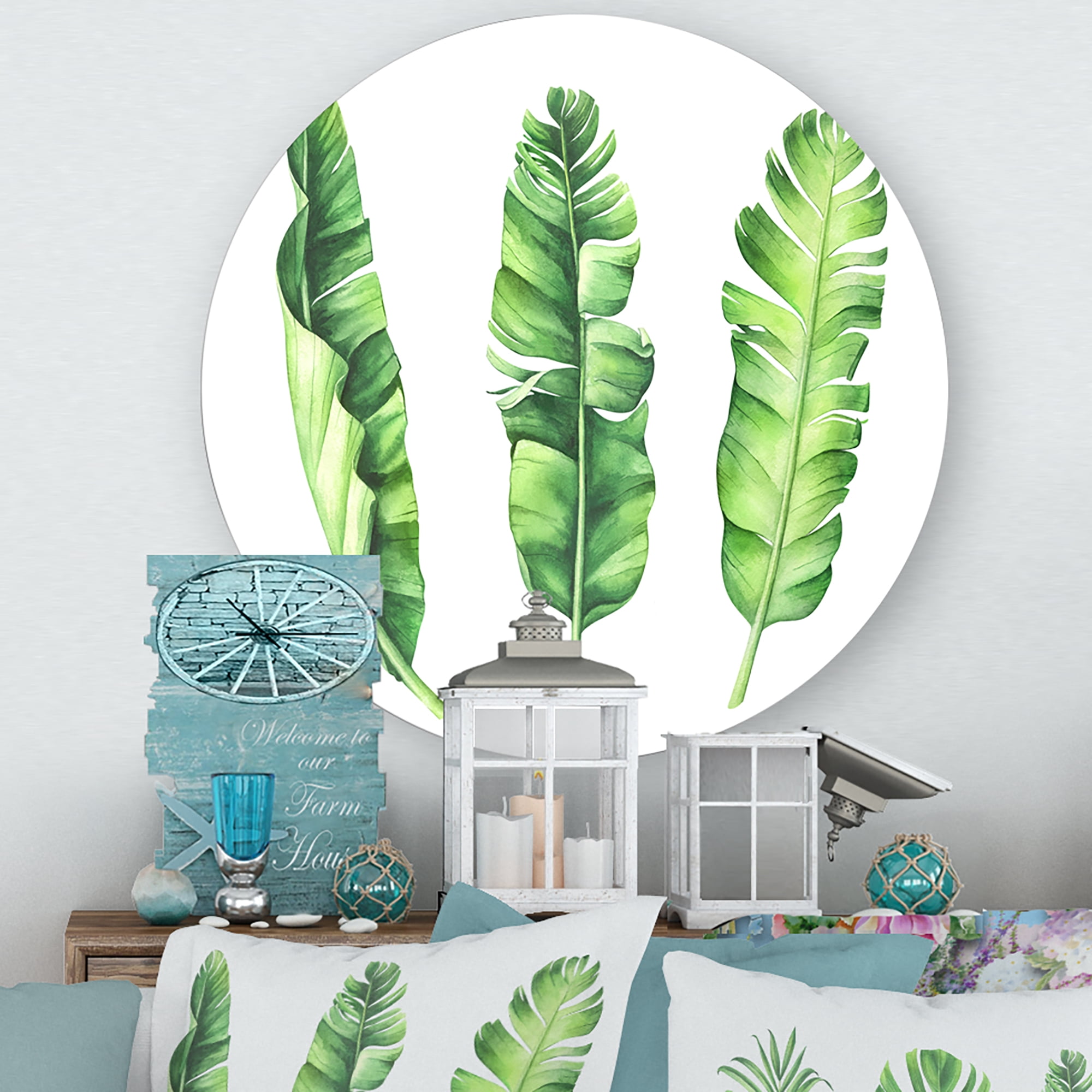 Designart 'Tropical Banana Leaves Set On White' Farmhouse Circle Metal Wall Art 23x23 - Disc of 23