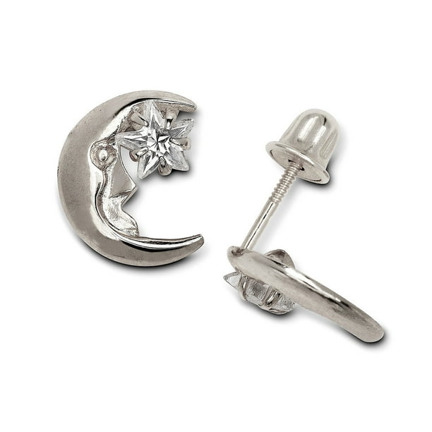JewelryWeb - 14k White Gold Cubic Zirconia Crescent Moon With a Star Screw-Back Earrings ...