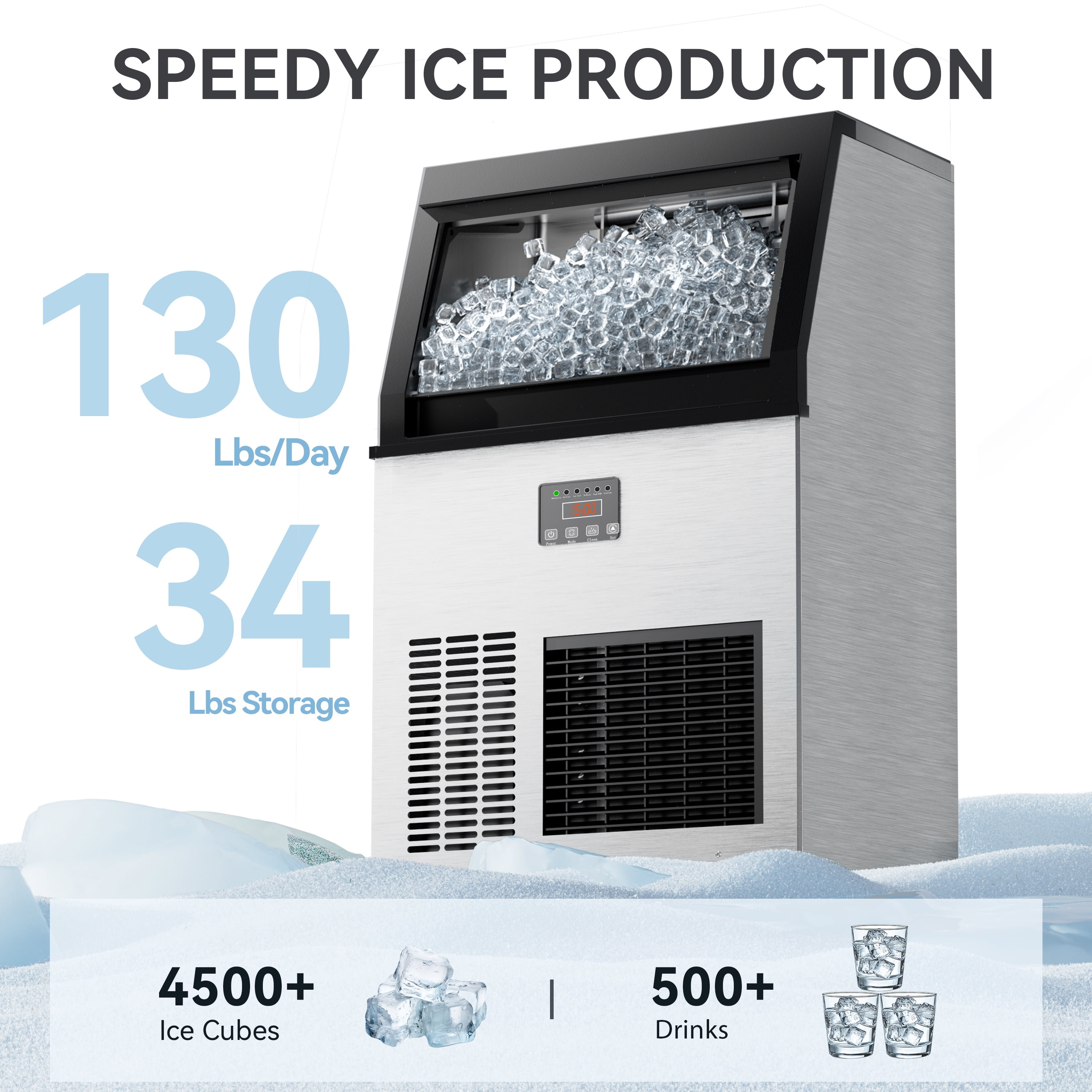 COOLAKE Commercial Ice Maker Machine 130lbs/24H, Under Counter Ice Machine with 34lbs Storage, 115V Air Cooled Stainless Steel Freestanding Ice Maker for Home Outdoor