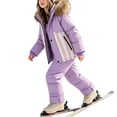 thumbnail image 4 of vdgthytj 2 Piece Snowsuits for Boys Girls Full Zip Contrast Striped Hooded down Jackets Bib Snow Pants Winter Warm Waterproof Outdoor Ski Sets(1-2 Years,Purple), 4 of 8