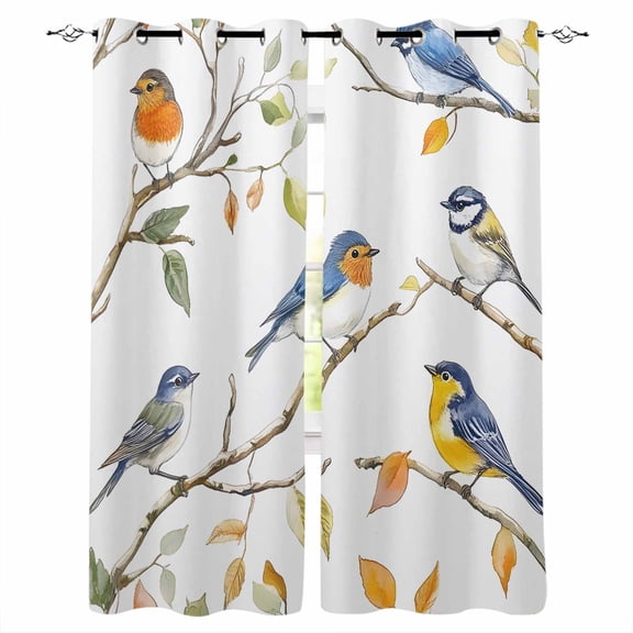 Tree Bird Blackout Curtains for Bedroom/Living Room, Thermal Insulated Kitchen Curtains, Spring Watercolor Leaf Branch Watercolor Grommet Darkening Window Treatment Drapes 52"x84"x2