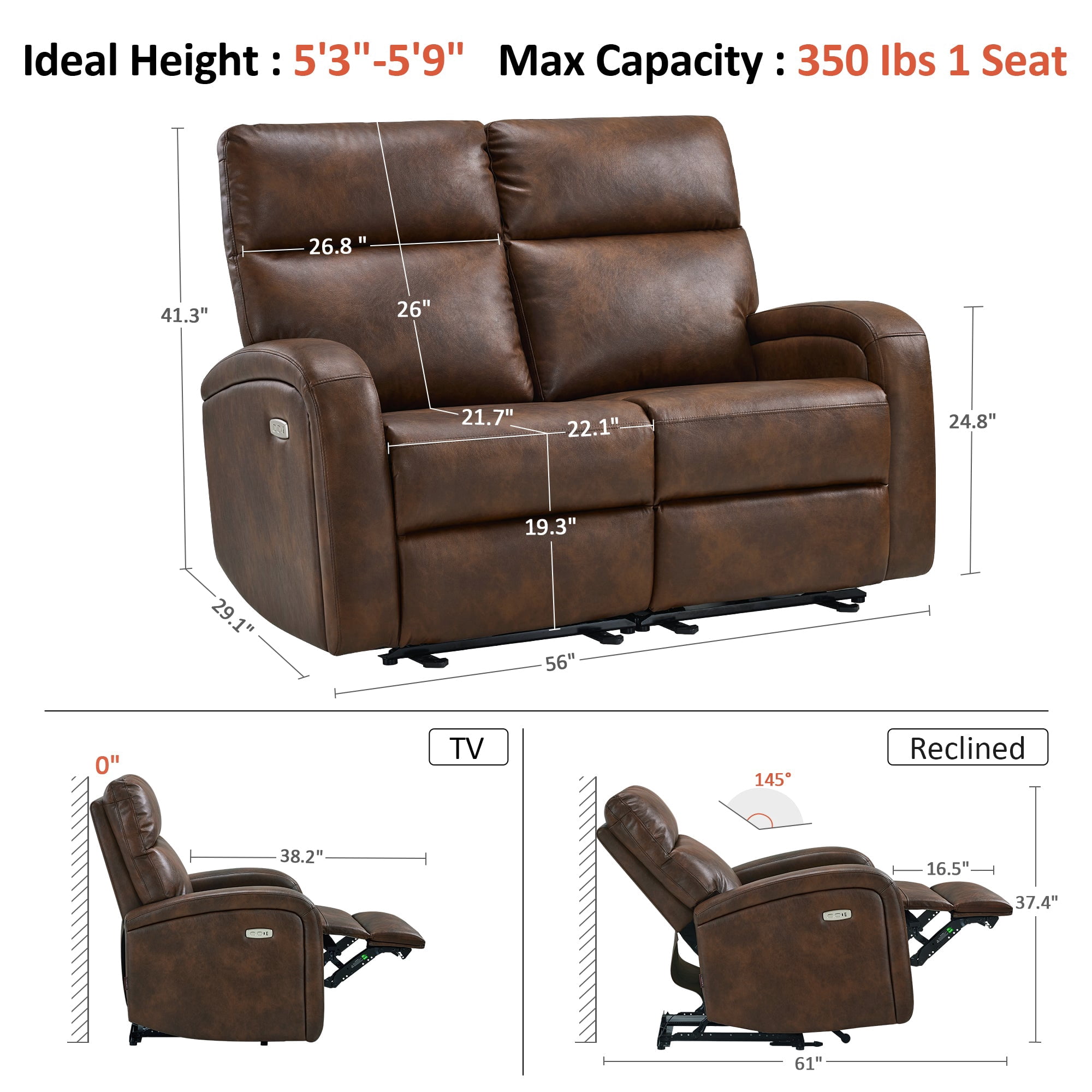 MCombo 56" Zero Wall Hugger Power Recliner Loveseat Sofa for Small Space, Living Room, RV, Dark Brown