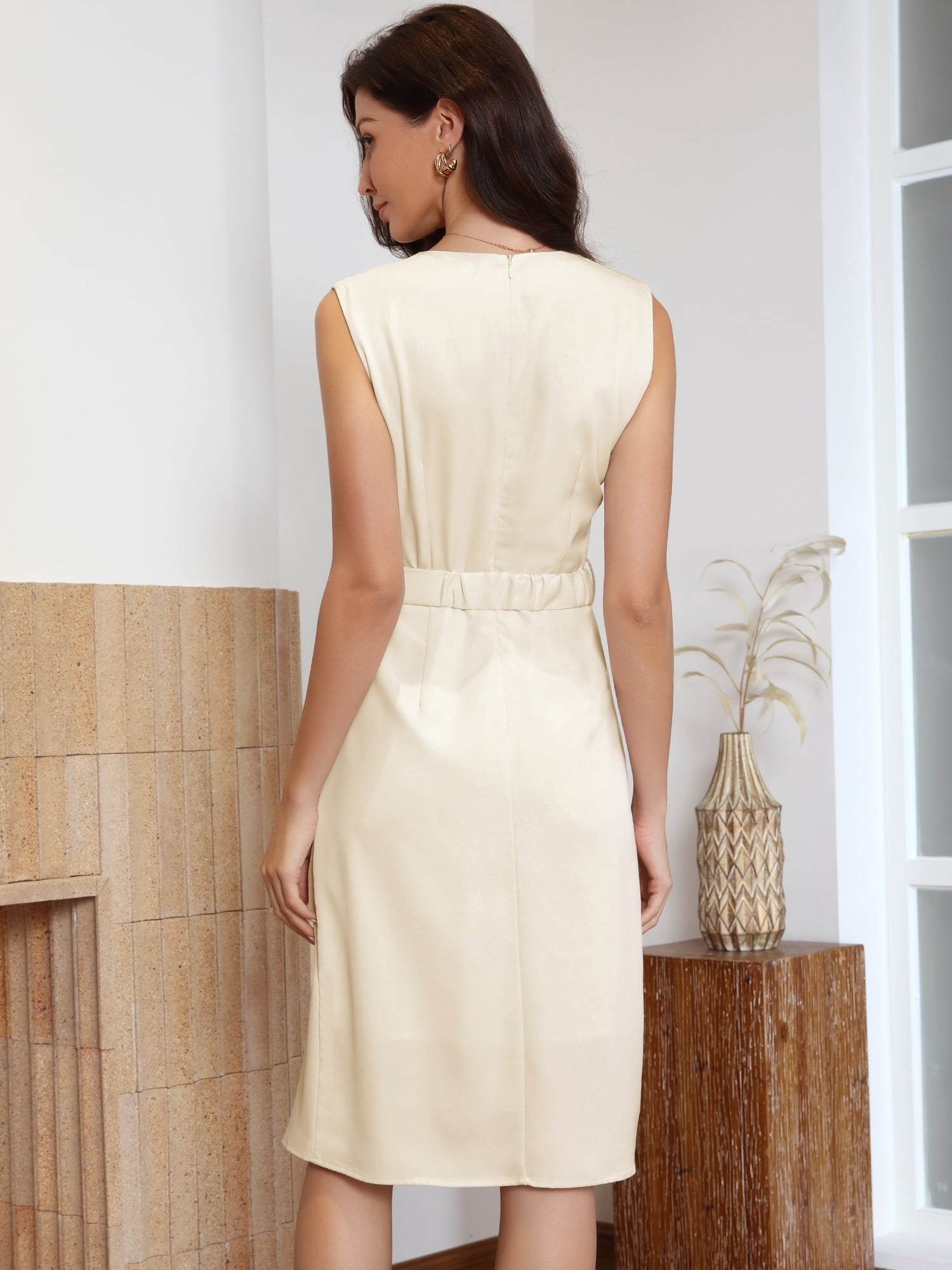 DARING DIVA Women's Belted Business Elegant V Neck Sleeveless Sheath Dress M Apricot