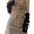 thumbnail image 4 of Krdevn Womens Lace Up Ribbon Knitted Fingerless Arm Warmers, Thumb Hole Long Arm Covers, Gothic Street Style Sleeve Cuffs, Fashion Accessory for Daily Outfits,One Size, 4 of 4