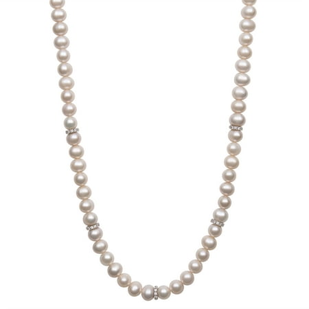 7-8mm Cultured Freshwater Pearl and CZ Encrusted Roundel Bead Sterling Silver Necklace, 18