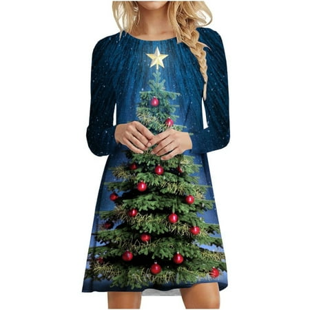 

Zedker Homecoming Dresses for Teens Winter Dresses for Women 2022 Women s Fashion Christmas Christmas Tree Print Long Sleeve Crew Neck Dress