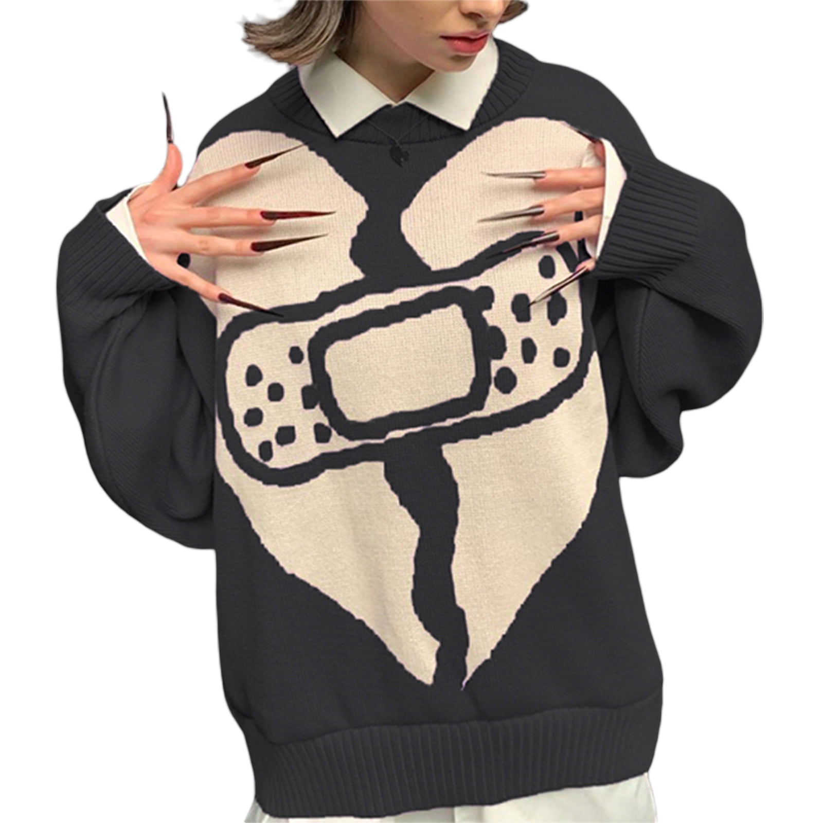 Wsevypo Women's Y2k Sweater 90s Vintage Knitted Jumpers Harajuku Pullovers Tops Long Sleeve Loose Sweater, Size: Medium, Black