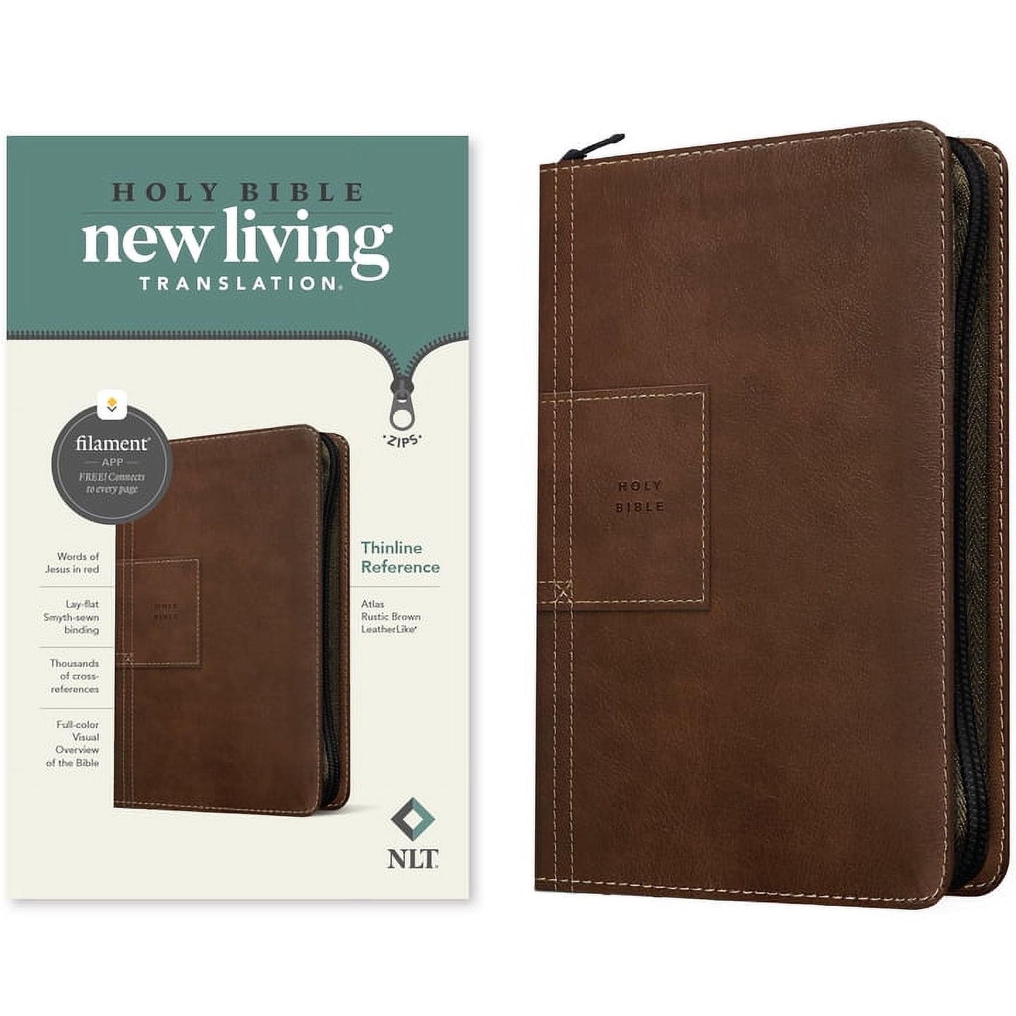 NLT Thinline Reference Zipper Bible, Filament Enabled (Leatherlike, Atlas Rustic Brown, Red Letter), (Hardcover)