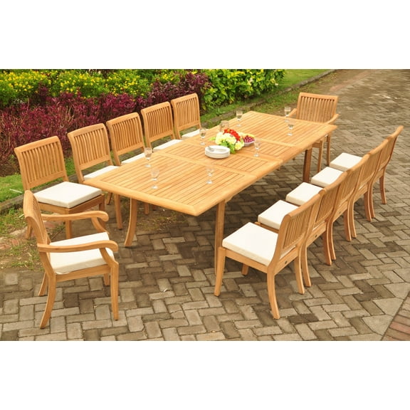 Teak Dining Set: 12 Seater 13 Pc: 117" Double Extensions Rectangle Dining Table, 10 Armless & 2 Arbor Stacking Arm/Captain Chairs Outdoor Patio Grade-A Teak Wood WholesaleTeak #WMDSAB40