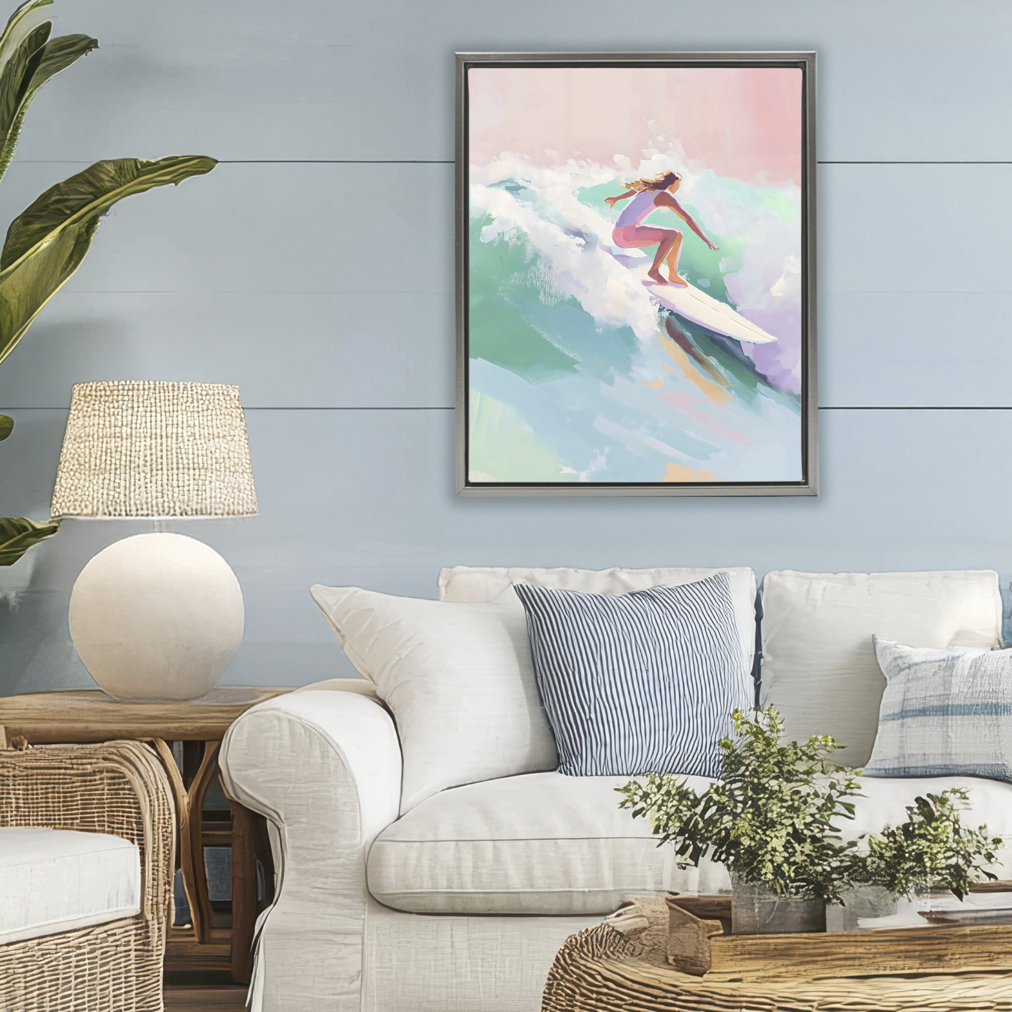 Stupell Industries Surfer Girl Riding Waves Gray Framed Floater Canvas Wall Art, design by The Prints Vibe