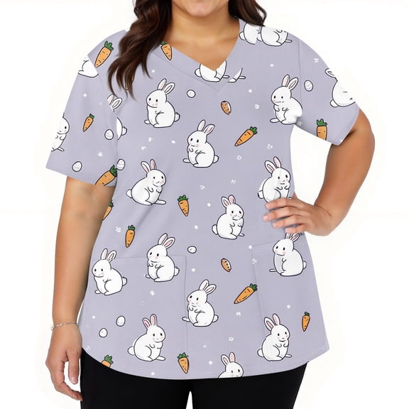 Fabrcox S-5XL Easter Bunny Eggs Print Holiday Scrubs for Women V Neck Short Sleeve Easter Nurse Working Uniform with Pocket