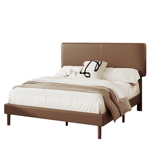 Frostbloom Queen Size Faux Leather Upholstered Platform Bed Frame with Adjustable Headboard, Dark Brown
