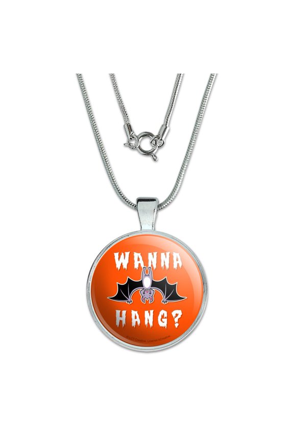 Wanna Hang Want Bat Funny Humor 1" Pendant with Sterling Silver Plated Chain